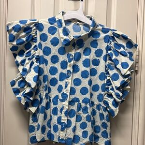 JODIFL Ruffle Sleeve Shirt in Blue Polka Dots size large